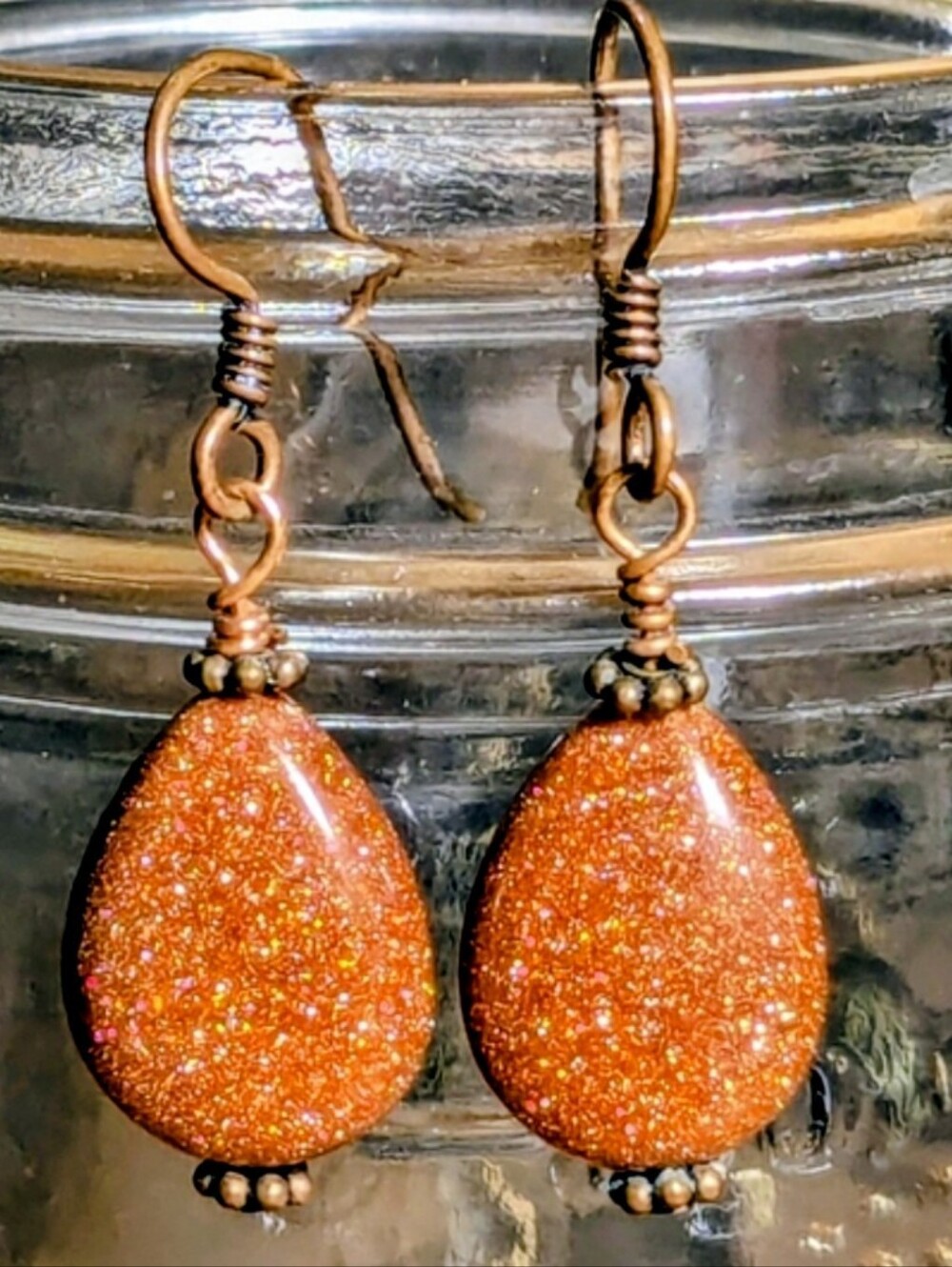Goldstone Gold Sandstone Genuine Gemstone Teardrop Earrings with Copper Jewelry
